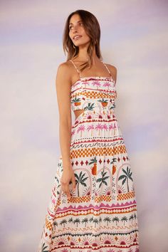 Add a pop of color to your summer wardrobe with the Eyona Strappy Maxi Dress White Palm. This beach style statement dress features an eye-catching palm-tree print as well as a back cut-out for added breathability. The square neckline makes it... Maxi Dress White, Strappy Maxi Dress, Statement Dress, Palm Tree Print, Linen Material, Tropical Palm, Mink Pink, Style Statement, Tree Print