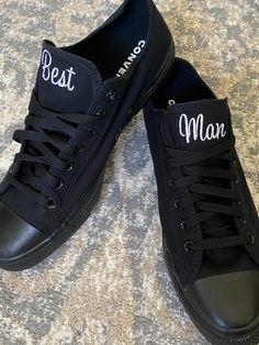 Make your day extra special with these beautiful Embroidered Monochrome Converse with Best Man on the tongue. They can be customized with Groom or ring bearer or even groomsman.(If you want date on the side please choose that listing as price is different )Or your first and last name. Or Mr Smith ie. You can choose either all black or all white, they have NO lines around the sole as other converse do.I can do the traditional converse color shoes as well You choose you thread color... just state Embroidered Black Lace-up Sneakers, Black Embroidered Lace-up Sneakers, Black Embroidered Low-top Sneakers, All White Converse, Mr Smith, All White Sneakers, Black Chucks, Embroidered Converse, Tennis Shoes Outfit