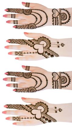 three hands with henna designs on them, one is showing the design and the other has