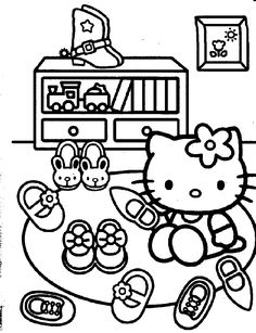 a hello kitty coloring page with shoes on the floor and toys in the room behind it