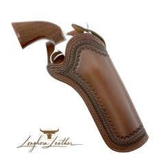 a brown leather sheath with a wooden handle