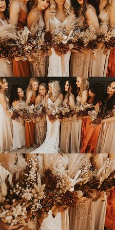 a group of women standing next to each other wearing dresses and holding bouquets in their hands