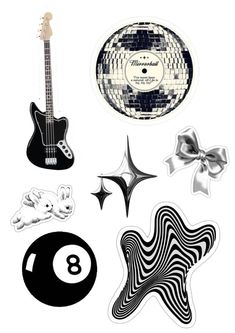 various stickers and decals are arranged on a white background, including an electric guitar