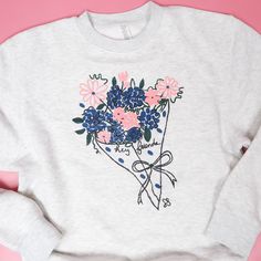 We are sooo ready for the spring time so we are rolling out out the flowers early this year! This bouquet design is professionally screen printed on our signature Lane Seven crewneck. These run true to size, Shaef is wearing the small. We also offer this design in a tee version as well! Have questions about sizing? Email us! heyfriendscompany@gmail.com Care: This crew is machine washable. It is made with 80% cotton and 20% polyester Measurements:small: underarm to underarm - 20 inches Middle of Bouquet Design, The Flowers, Sweatshirt Designs, Spring Time, Screen Printing, This Year, Sweatshirts Hoodie, Crew Neck, Screen