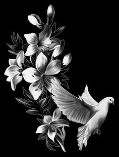 a black and white photo of a bird flying next to flowers on a dark background