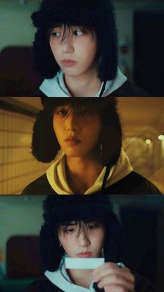 three different images of the same person with black hair