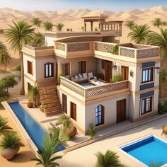 an artist's rendering of a house in the desert with a pool and palm trees