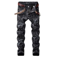 Get ready to make a statement in these men's streetwear black & white paint splash zipper pencil slim fit jeans. with a bold pattern and contemporary design, these pants are perfect for any stylish man looking to stand out from the crowd. Hip Hop Pants, Streetwear Pants, Cheap Jeans, Moda Jeans, Printed Jeans, Pocket Pants, Casual Streetwear, Streetwear Outfit, Mens Streetwear