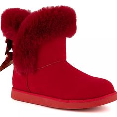 Juicy Couture Red Faux Fur Boots New With Tags In Box Features Fluffy Faux Red Fur With Red And Gold Juicy Couture Logo Bows Along The Back Of The Boot Perfect For The Holidays Memory Foam Padding On Insole For Added Comfort Shoe Width - Medium Pull-On Manmade - Faux Suede Upper, Manmade Lining And Sole Size 9 Details: Boots, Holiday, Christmas, Winter, Snow, Designer, Comfort, Red Boots With Round Toe For Winter, Red Round Toe Boots For Winter, Party Boots With Faux Fur Trim And Round Toe, Winter Boots With Red Sole In Synthetic Material, Red Winter Boots With Round Toe, Faux Fur Trim Round Toe Boots, Juicy Couture Winter Boots, Juicy Couture Boots, Pink Fur Boots