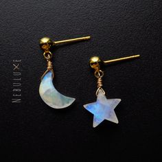 ✨ Add a touch of celestial magic to your look with our mismatched rainbow moonstone star and moon earrings. Crafted to enchant, one earring features a delicate star while the other showcases a charming crescent moon, both adorned with captivating rainbow moonstone gems. Symbolizing intuition and new beginnings, rainbow moonstone infuses these earrings with celestial allure ✨ ⭒ Ball Studs:  4mm ball/15mm post * 925 Sterling Silver ⭒ Ball Stud pushbacks: butterfly backing encased in silicone ⭒ Hoo Celestial Moonstone Earrings With Moon Charm, Celestial Moonstone Earrings, Celestial Moonstone Earrings With Moon Phase, Star And Moon Earrings, Celestial Magic, Rainbow Moonstone Jewelry, Celestial Earrings, Moon And Star Earrings, Star And Moon