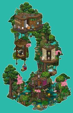 the tree house is surrounded by many trees and plants, with lots of windows on each floor