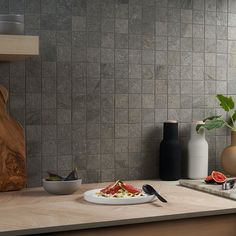 a plate of food sitting on top of a kitchen counter