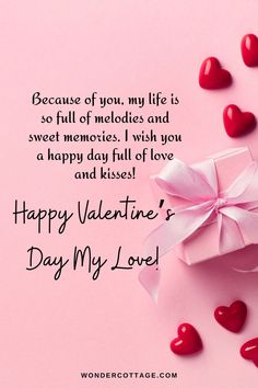 valentine's day message with pink bow and red hearts on pink background for someone