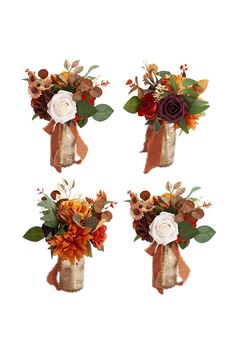 four vases with flowers and leaves in them