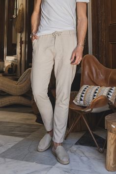 Beige Tapered Striped Mens Linen Trousers Pants Relaxed Fit Seersucker new cholp Cholp [focus_keyword] Mens Linen Trousers, Linen Trousers Men, 1940s Mens Fashion, Mens Beach Pants, Beige Linen Pants, Mens Linen Pants, Mens Linen, Trousers Pants, Beach Pants