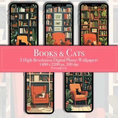 four iphones with books and cats illustrations on them, all showing the same color scheme