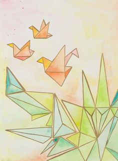 three birds flying in the sky with colored paper origami