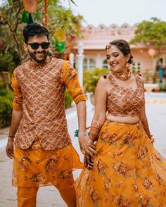 "Embracing each other and our traditions with joy-filled hearts. 💛 . . .  #HaldiLove #ForeverUs #weddingphotography #poses #haldiceremony Yellow Haldi Outfit, Printed Outfits, Coordinated Outfits, Coordinates Outfits