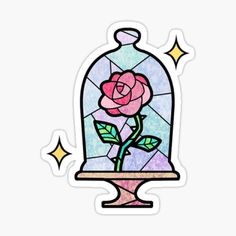 a pink rose in a glass vase sticker on a white background, with stars around it