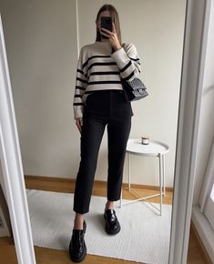 Loafers And Slacks Outfit, Research Conference Outfit, Slacks And Loafers Outfit Women, Oxford Loafers Outfit, Black Slacks Outfit Winter, Black Loafers Outfit Casual, Rainy Office Outfit, Slacks Outfit Formal, Black Loafers Outfit Work