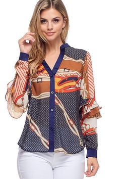 Stunning classic yet on-trend print detail shirt with ruffle at elbows. Designer-inspired, v neck style, button up front. Lightweight, sheer style fabric. Runs true to size. V Neck Style, Varsity Jacket, Kimono Top, Button Up, Design Inspiration, Athletic Jacket, V Neck, Women's Top, Fabric