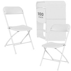 two white folding chairs sitting next to each other