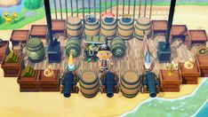 an animal crossing game with barrels on the beach