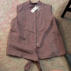 New With Tags Plaid Print With Tie Detail At The Bottom Casual Sleeveless Plaid Blouse, Plaid Summer Tops For Work, Summer Workwear Plaid Blouse, Short Trench Coat Women, Brooks Brothers Women, Maroon Shorts, Ruffle Collar Blouse, Short Trench Coat, Embroidered Tunic Top