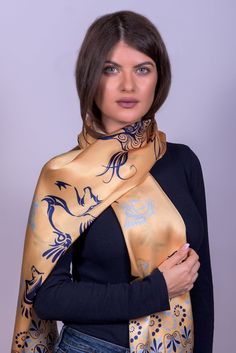 A unique scarf that is made from pure silk in yellow - blue colors that is made in Greece, Soufli and can be the perfect gift for your loved ones. DETAILS Fabric : Crepe Satin 16m/m Dimension : 45cm x170cm Print : Digital Finished : by hand * Gift box included We design beautiful silk scarves. Creating with passion excellent quality silk scarves. Ancient Greece is our inspiration! This collection is part of the Pegasu's. Our silk products are handmade and printed. These scarves for women are 100 Elegant Yellow Silk Scarf, Yellow Silk Scarf For Gift, Yellow Silk Scarf Gift, Elegant Yellow Scarves As Gift, Elegant Yellow Scarf As Gift, Elegant Yellow Scarves For Gifts, Elegant Yellow Scarves For Gift, Yellow Silk Scarves For Gifts, Elegant Yellow Silk Scarf Gift