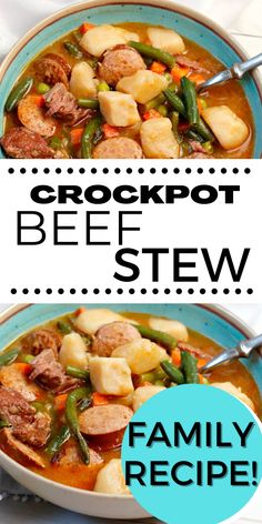 two pictures with the words, crockpot beef stew and family recipe on them