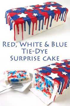 red, white, and blue drip cake with tie-dye cake hiding inside Blue Deserts, Cloud Dessert, Blue Drip Cake, Kit Kat Cake, Blue Drip, July Desserts, Baking Stuff, Impressive Desserts