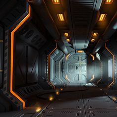 a sci - fi space station corridor with lights on the ceiling and door to another room