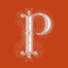 the letter p is made up of intricate lines and swirls on an orange background