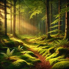 the sun shines through the trees and leaves in this green, mossy forest