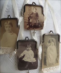 four old fashioned photo's are hanging on a white tablecloth with lace around them