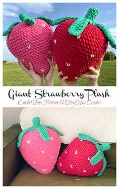 two crocheted strawberries sitting on top of each other