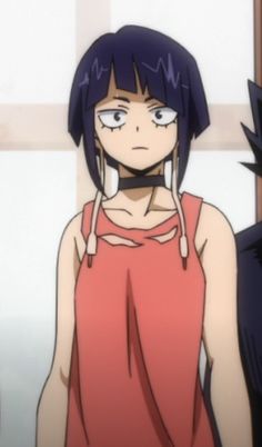 an anime character with black hair and blue eyes looking at something in front of her