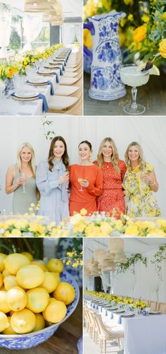 yellow and blue wedding decor with lemons on the table, flowers in vases