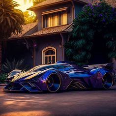 a futuristic car parked in front of a house