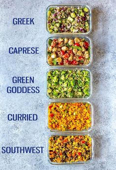 four glass containers filled with different types of salads on top of a gray surface