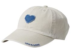 Life is Good Heart Tattered Chill Cap - Caps : Bone : Look stylish sporting the Life is Good Heart Tattered Chill Cap. It comes with a heart-shaped design on front. Metal buckle snap closure with pull-through. Adjustable strap. Button on top. Pull-on style. 100% cotton. Wipe clean. Imported. Measurements: Brim: 3 in Cute Summer Hats, College Accessories, Coastal Outfits, Trendy Caps, Beachy Aesthetic, Preppy Girl, More Life, Cute Preppy Outfits, Good Heart