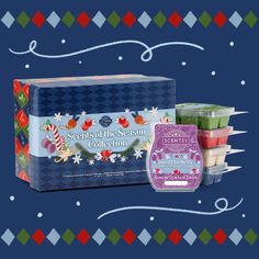 an assortment of bath products on a blue background with snowflakes and christmas decorations