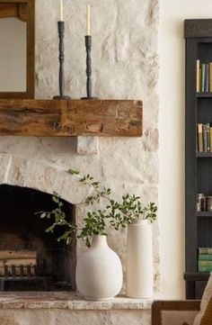 a living room with a fireplace and bookshelf