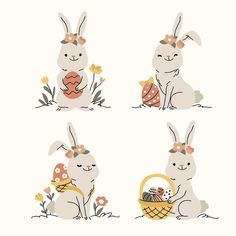 four rabbits with easter baskets and flowers