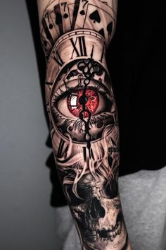 a man's arm with a clock, skull and eye tattoo design on it