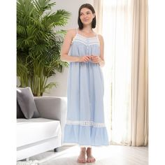 Step into a world of timeless elegance with the Alexander Del Rossa Victorian Nightgown. This exquisite piece is crafted from 100% premium cotton poplin, ensuring both comfort and durability. Its soft, breathable fabric is gentle on the skin, making it ideal for all-night wear.

- Material: 100% Cotton Poplin
- Color: Light Blue
- Size: Medium
- Gender: Female
- Age Group: Adult

Designed with a nod to classic Victorian fashion, this nightgown features delicate cotton lace trim on the shoulder s Blue Cotton Nightgown For Spring, Blue Cotton Sleepwear With Lace Trim, Blue Cotton Nightgown For Bedtime, Blue Cotton Nightgown For Sleepover, Victorian Nightgown, Female Features, Cotton Gowns, Cotton Nightgown, Nightgowns For Women