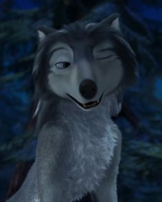 an animated wolf with blue eyes and white fur