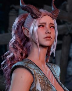 a woman with horns on her head and pink hair