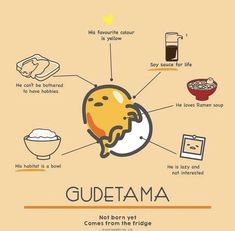 a poster with the words gudetama written in different languages and pictures on it