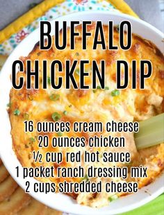 the recipe for buffalo chicken dip is in a bowl